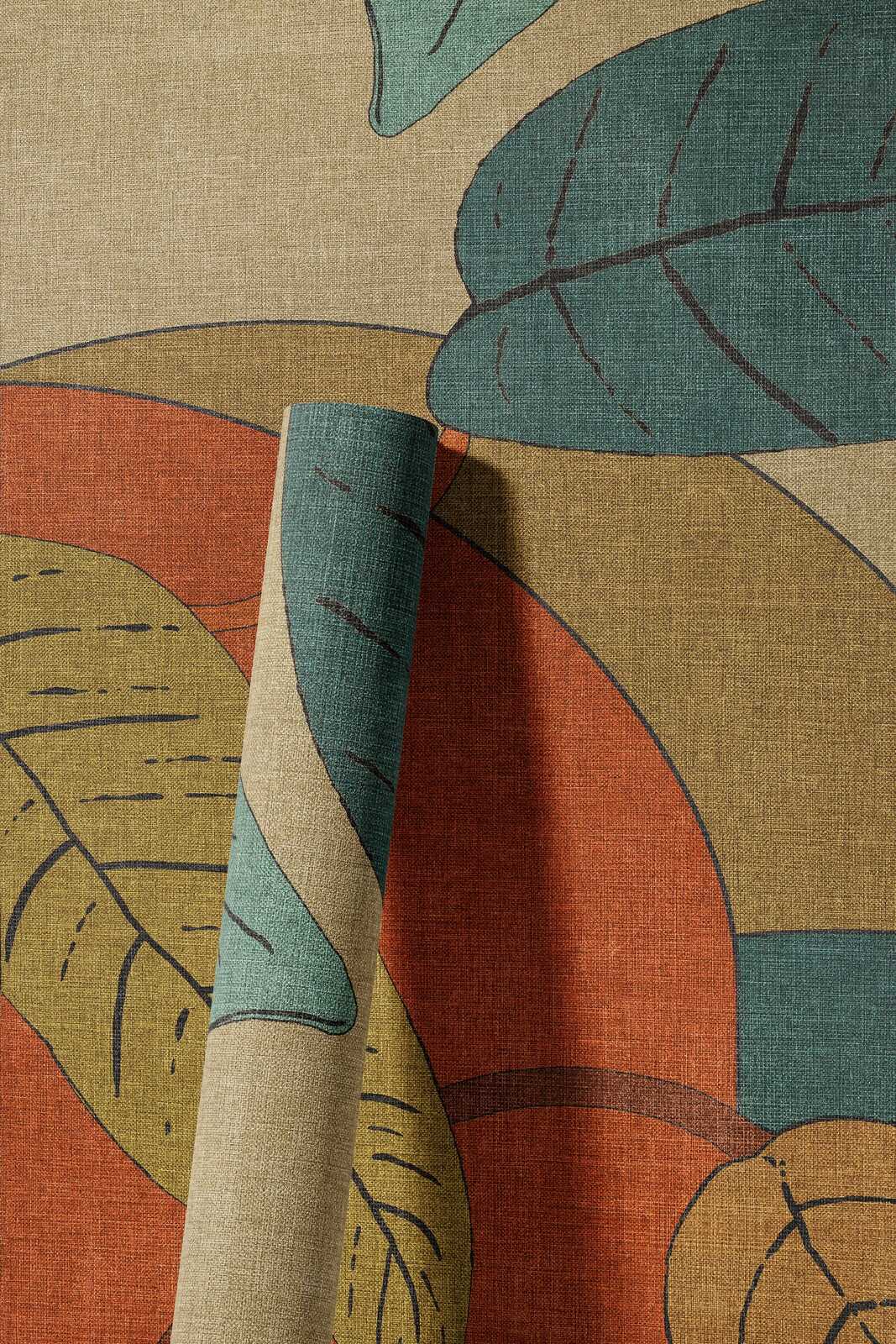             Abstrakte Vliestapete mit Blättern und grafischen Mustern – Beige, Blau, Rot
        