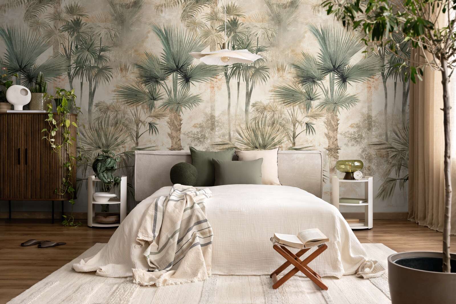 bett, wandtapete, palme, pflanzen, neutral-creme