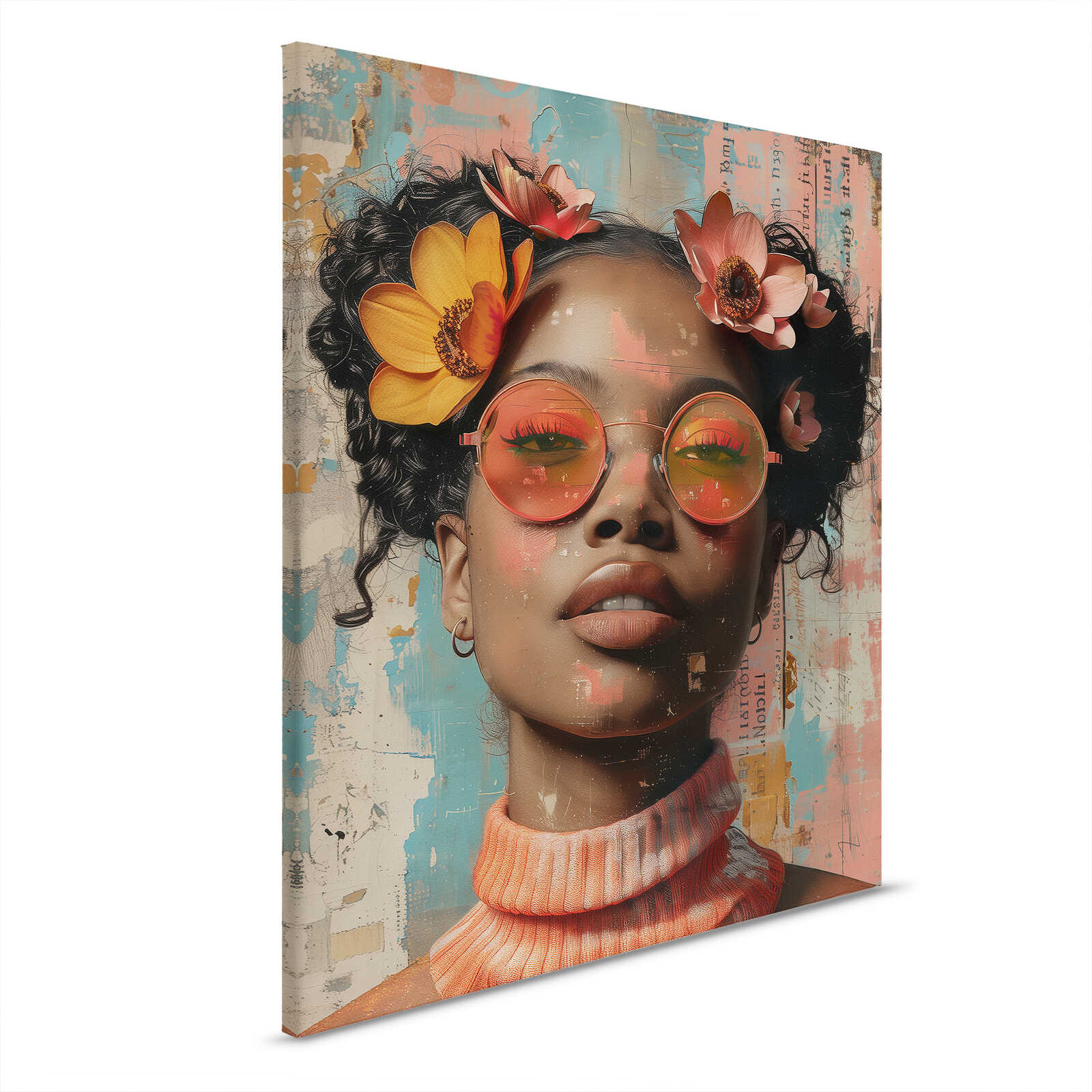         Leinwandbild Blumige Leichtigkeit - Feminines Portrait mit Sonnenbrille – 40 x 50 cm - Bunt, Beige
    