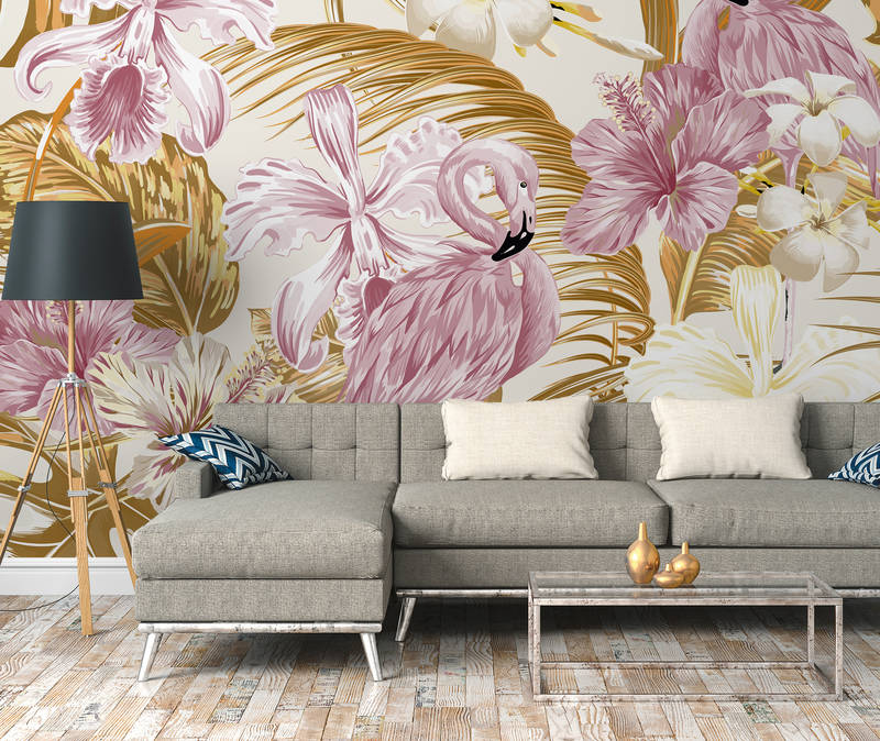             Flamant rose et plantes tropicales - orange, rose, blanc
        