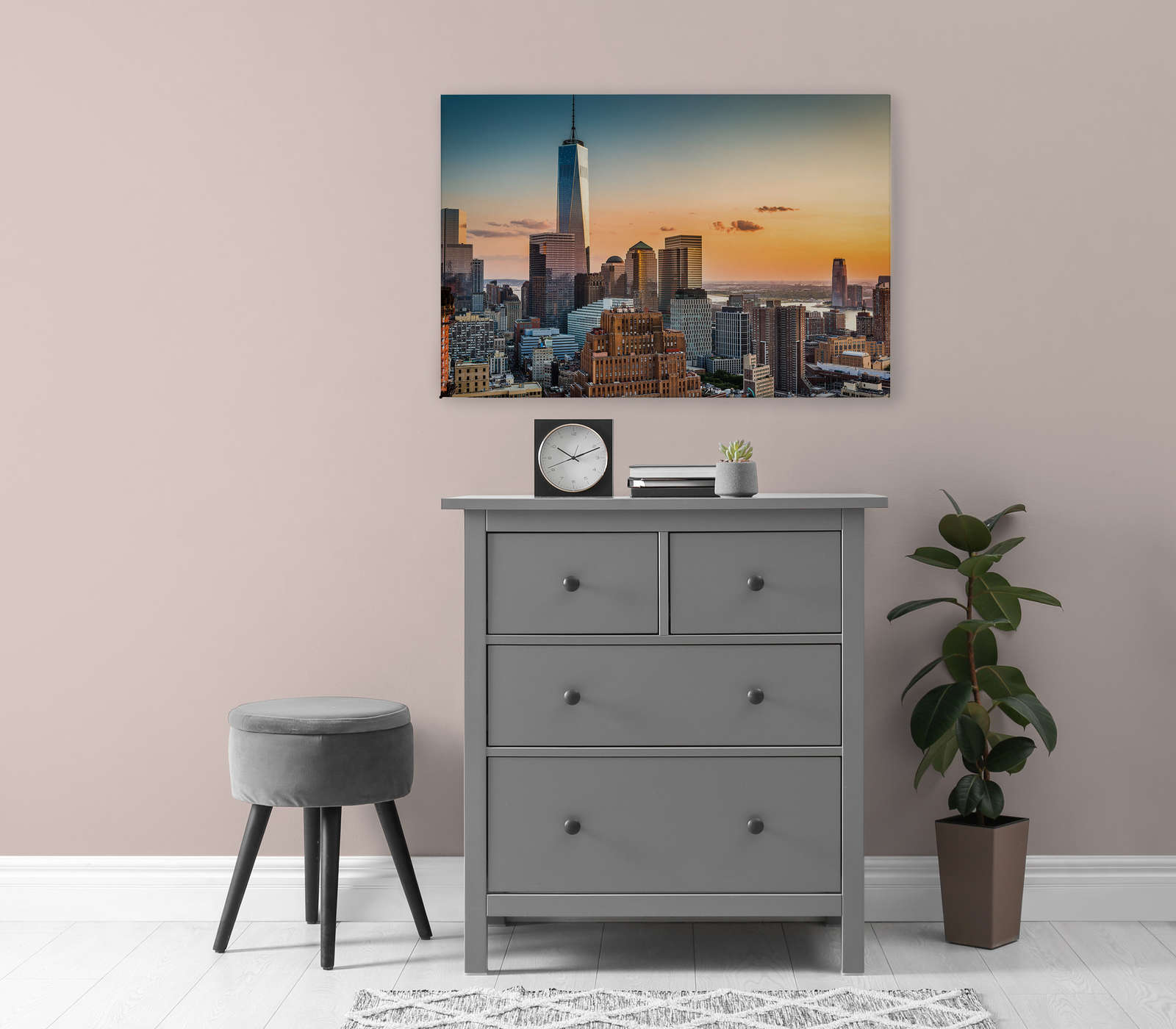             Leinwandbild mit der Skyline von Manhattan bei Sonnenuntergang – 0,90 m x 0,60 m
        