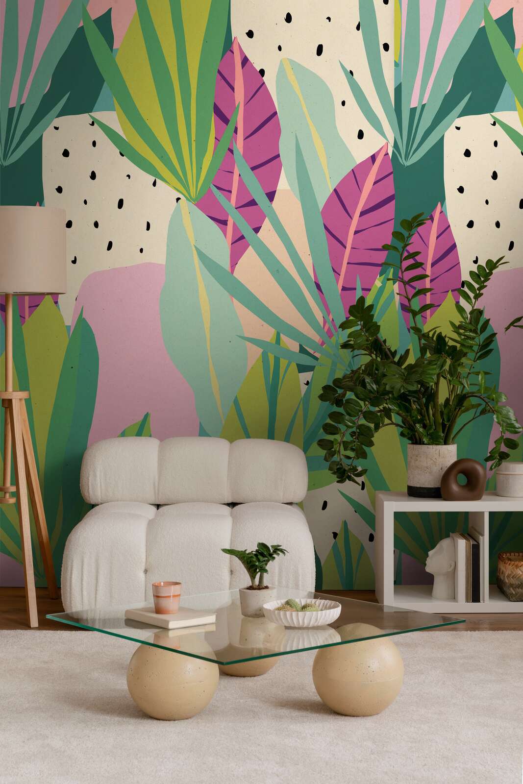 Wandgestaltung, Pflanzenposter, Wohnzimmer, Sessel, Glas-Tisch