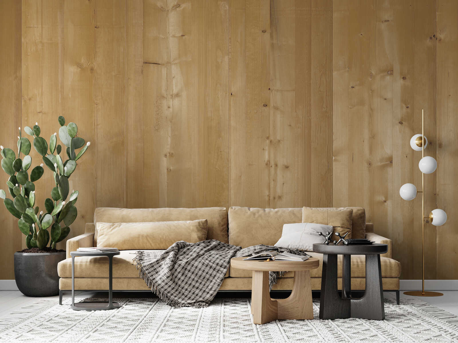 sofá, sala de estar, pared de madera, planta, lámpara