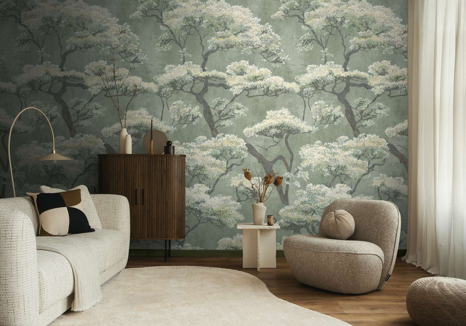 Wandtapete, Tapisserie, Wohnzimmer, Deko-Wandbild, Grün floral