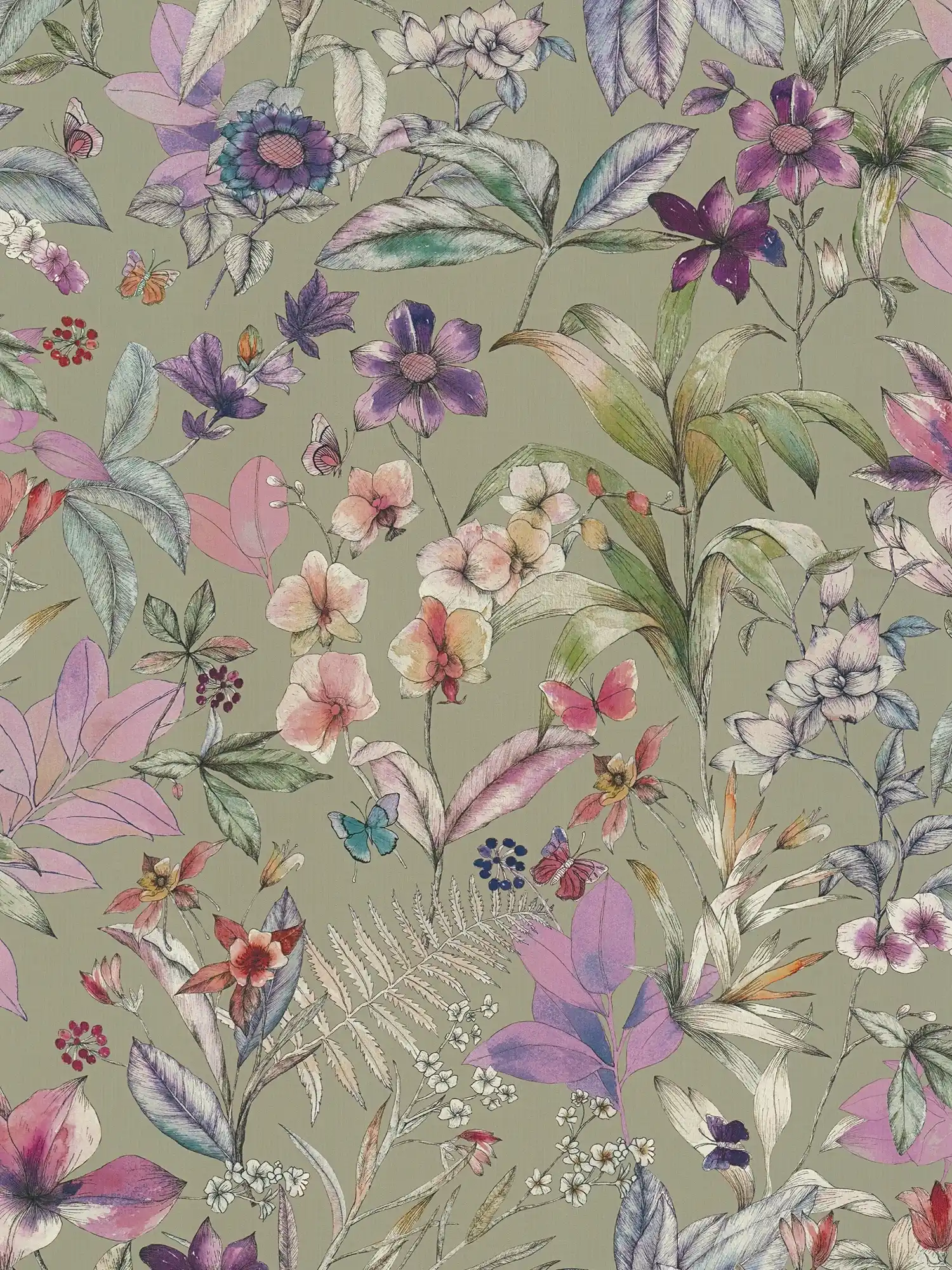         Decorative non-woven wallpaper with matt floral motif and fine texture - green, purple, white
    