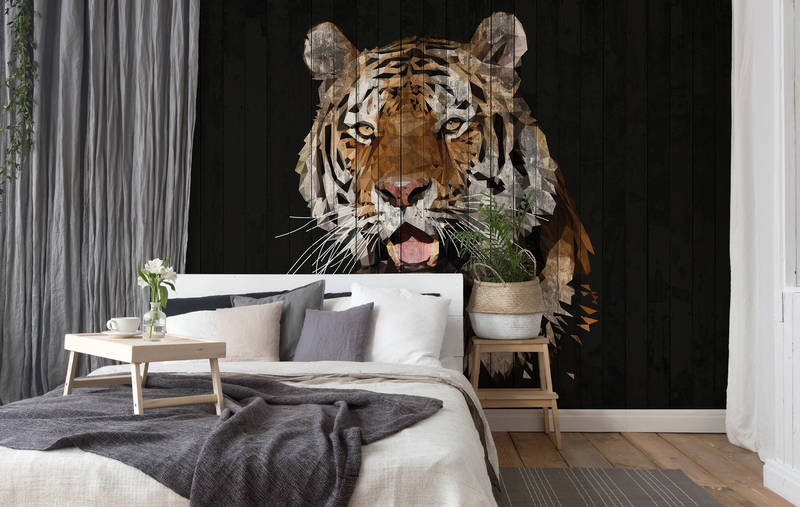             Muurschildering Tijger met houtlook & polygoonstijl - Bruin, Wit, Zwart
        