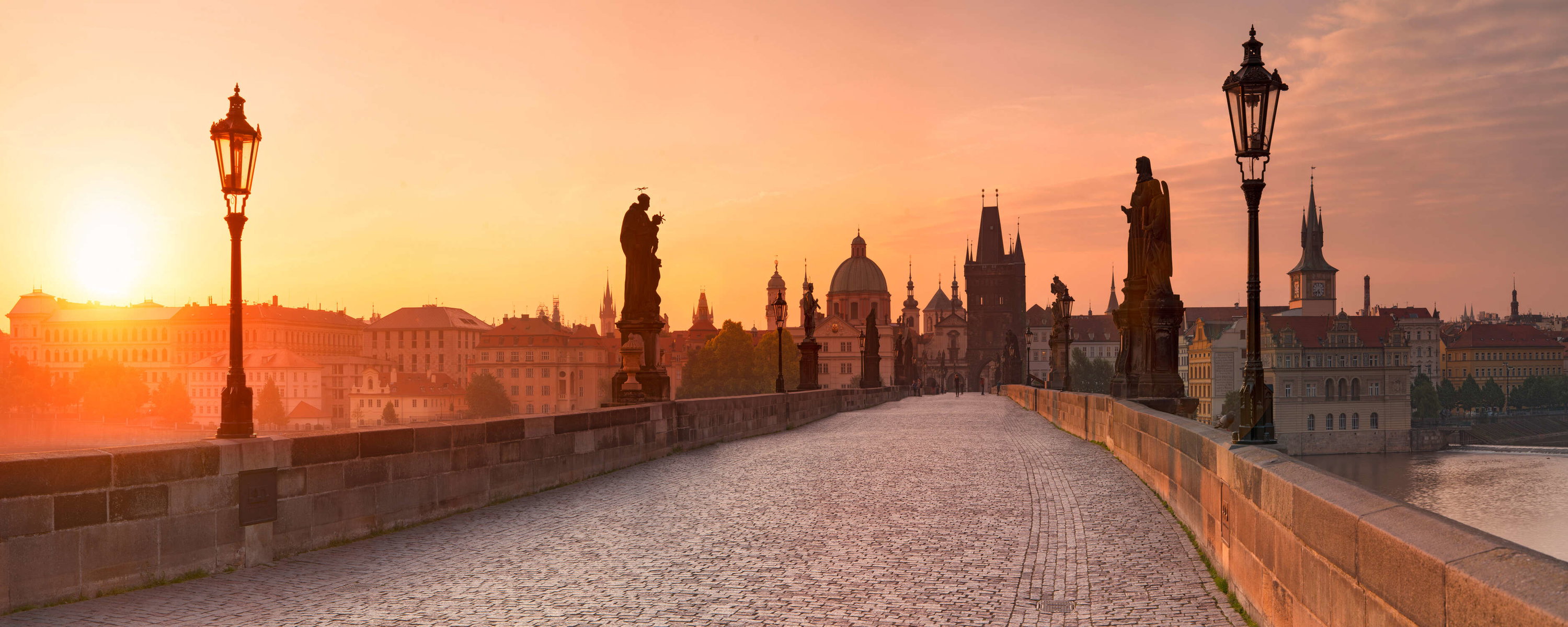 Bridge, Statuen, Kopfsteinpflaster, Sonnenuntergang, Stadtansicht