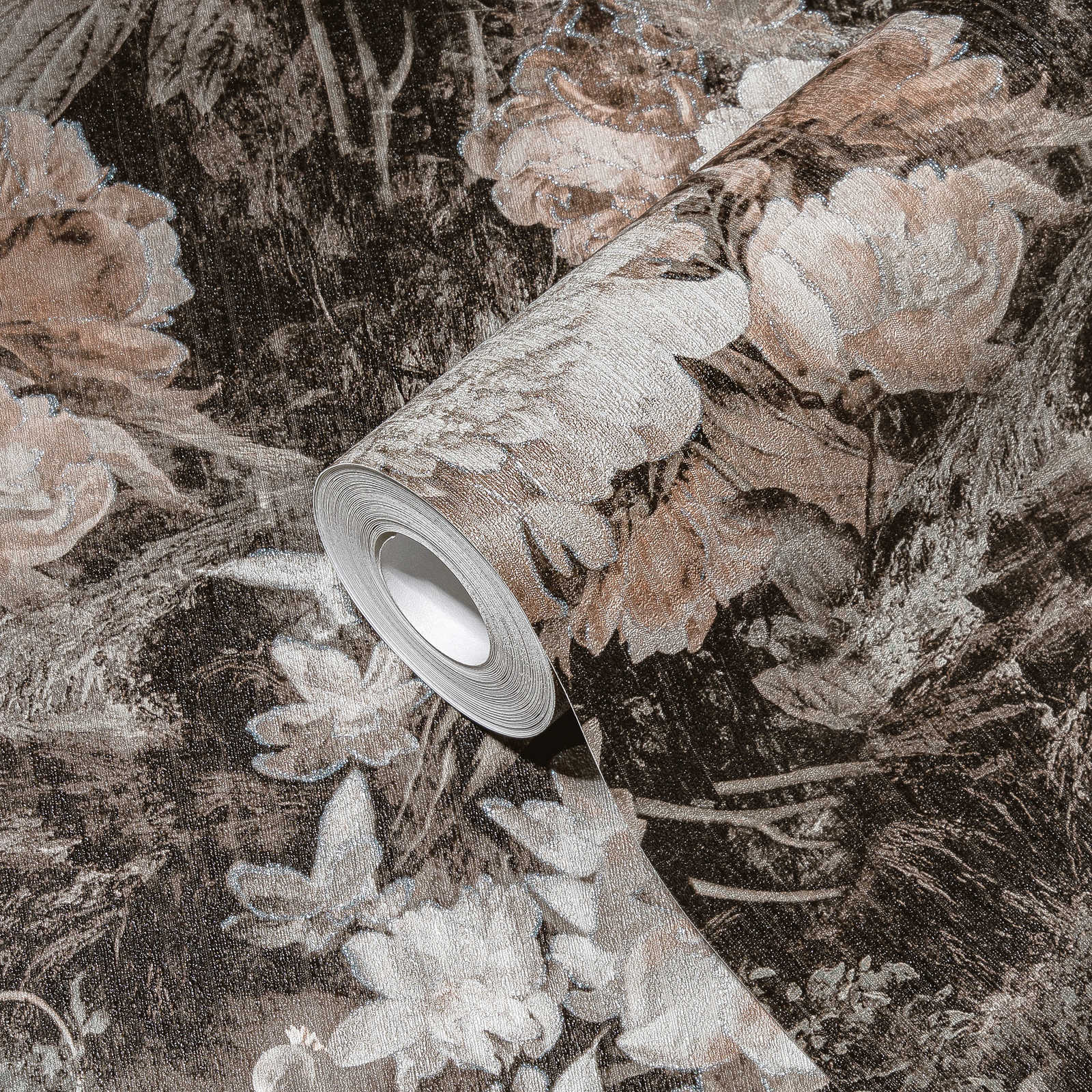             Vintage Blumentapete Klassik Rosen-Muster – Creme, Braun
        