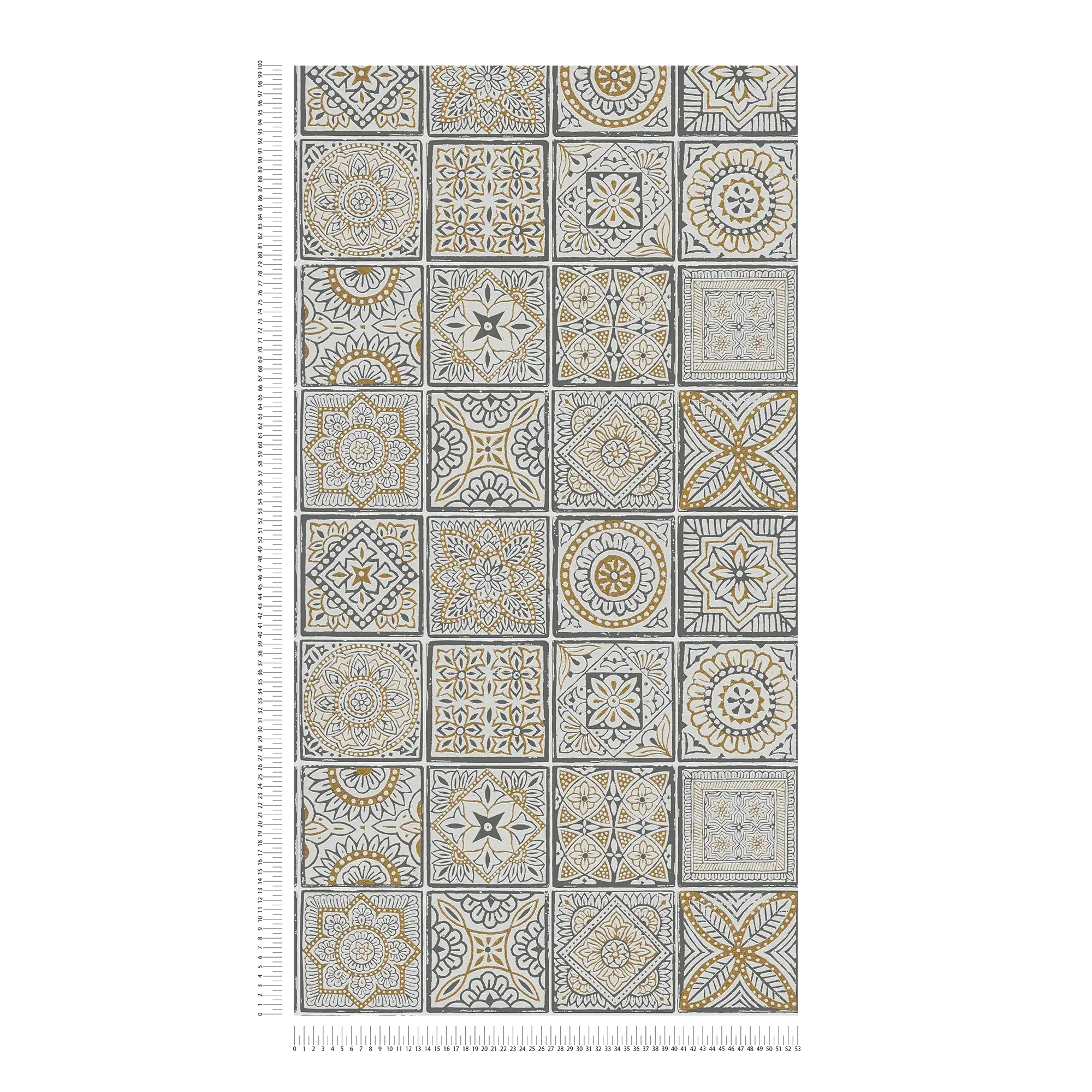             Papier peint intissé floral avec aspect carrelage et mosaïque - or, blanc, noir
        