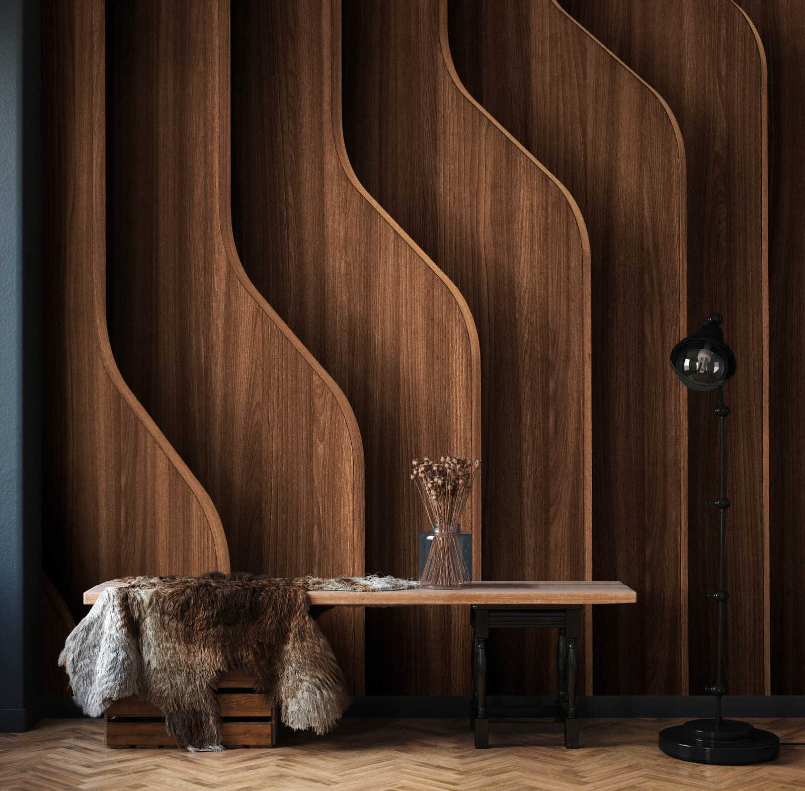 Holzwand, Wandpaneele, Bank, Fellteppich, Lampensattel