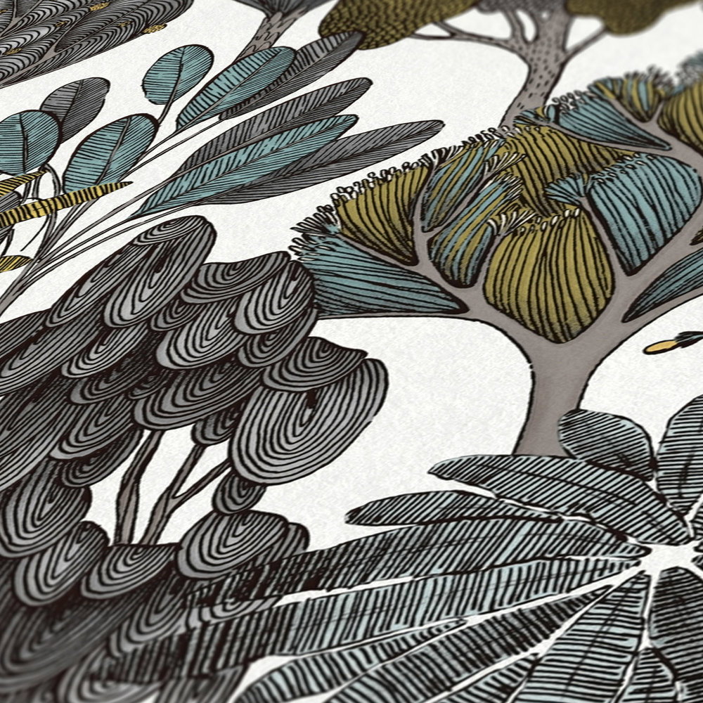             Tapete Grün Grau florales Muster im Doodle Stil – Grün, Grau, Gelb
        
