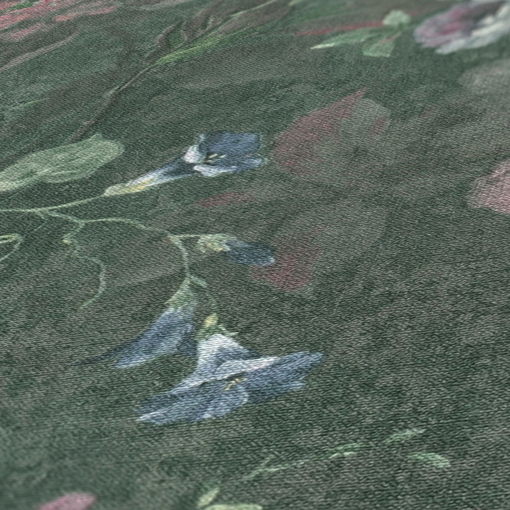             Vliesbehang met geschilderd bloemenpatroon PVC-vrij - groen, wit, roze
        