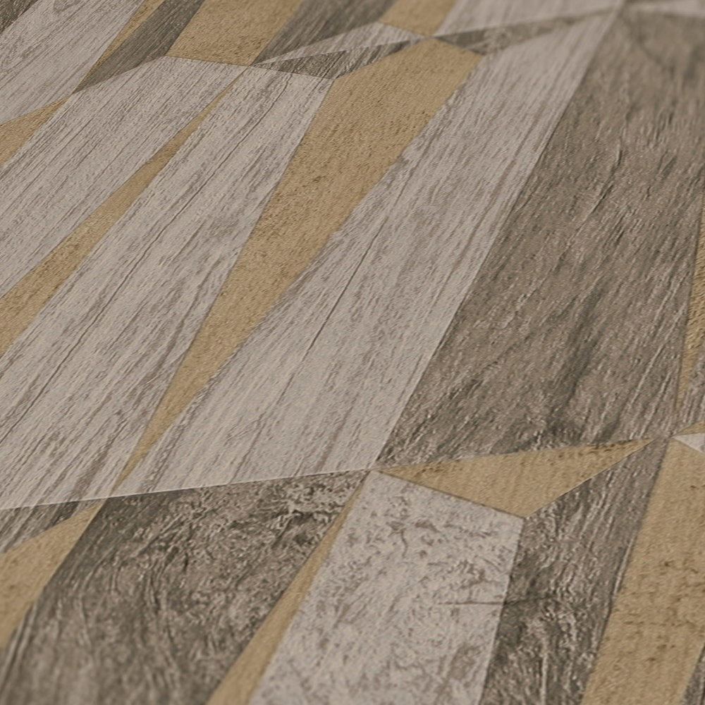 Ethno Tapete mit Metallic &amp; Holzeffekt – Braun, Grau