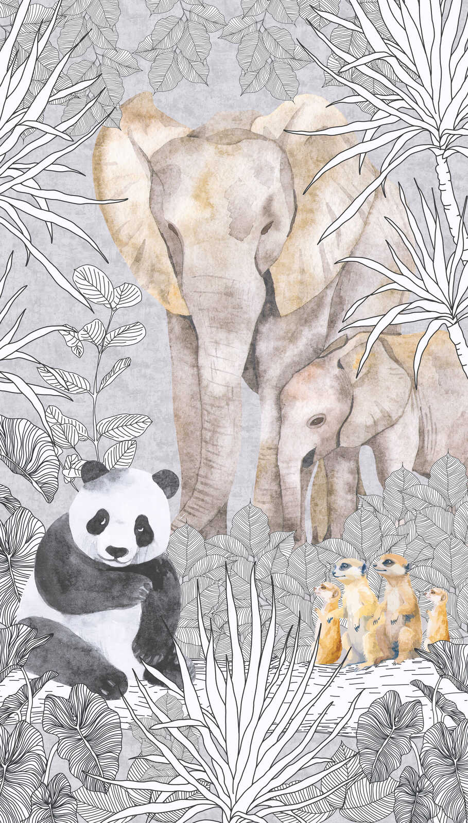             Safari-Freunde Vliestapeten Panel 159cm Breite x 280cm Höhe – Elefanten, Pandas und Erdmännchen in harmonischen Farben, glatte Oberfläche – Beige, Grau, Schwarz
        