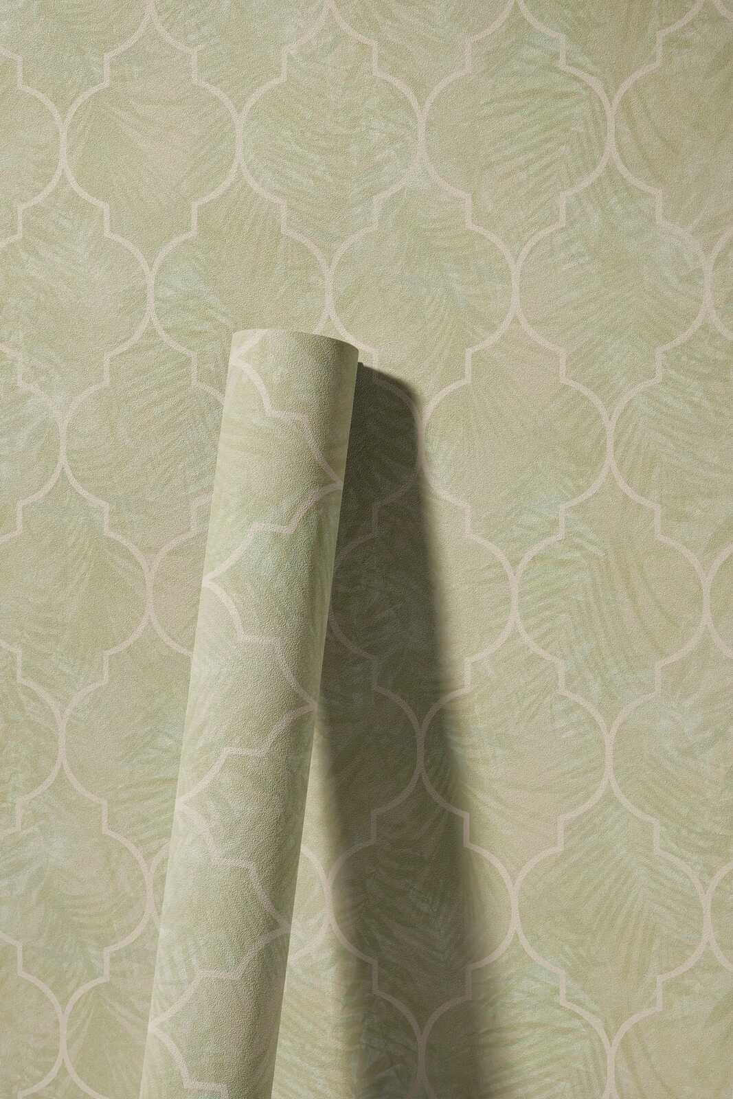             Florale Blätter Tapete mit Fliesen Ornament – Beige
        