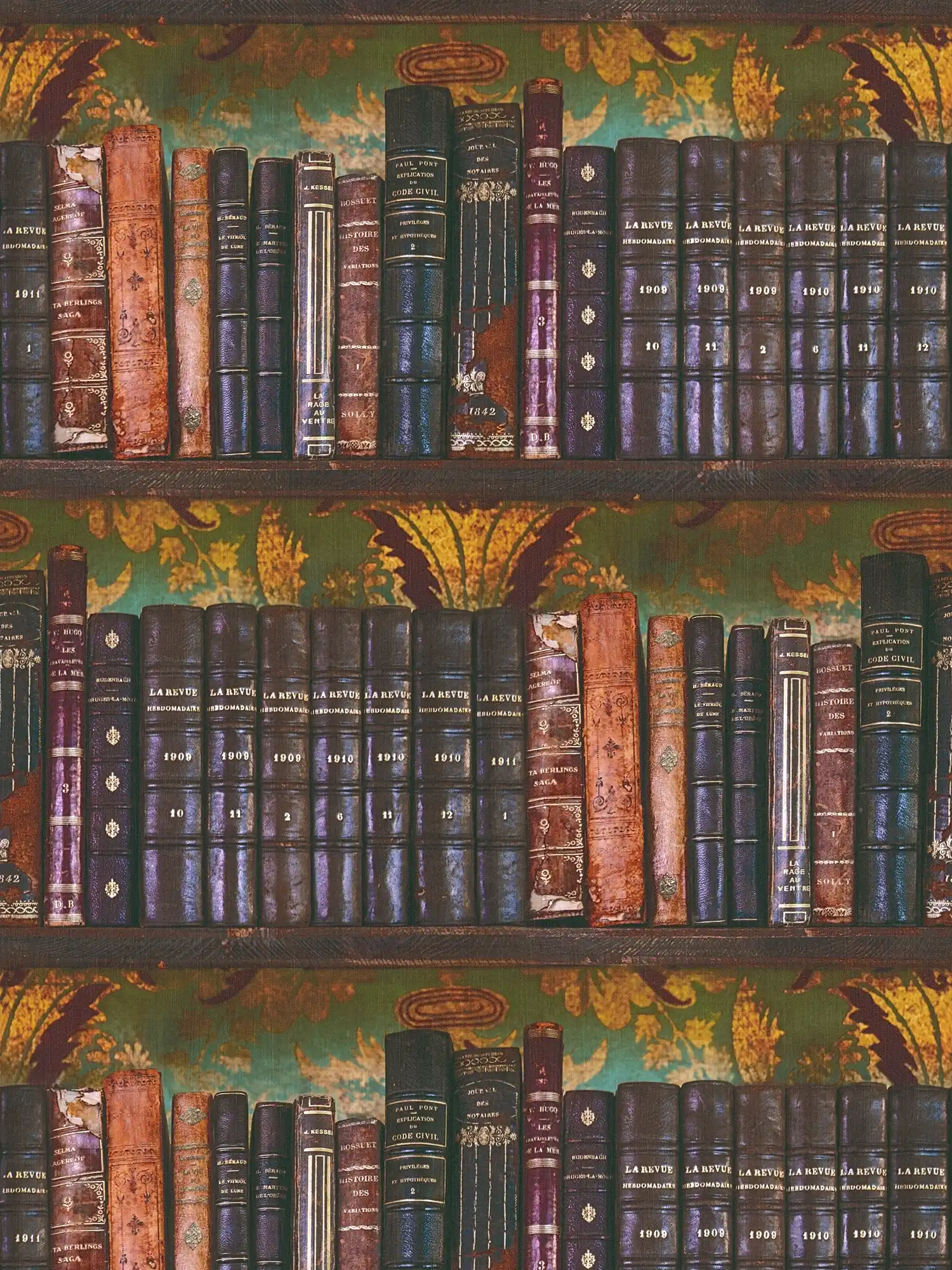         Antique non-woven wallpaper with bookshelf motif matt and fine textured - green, brown, yellow
    