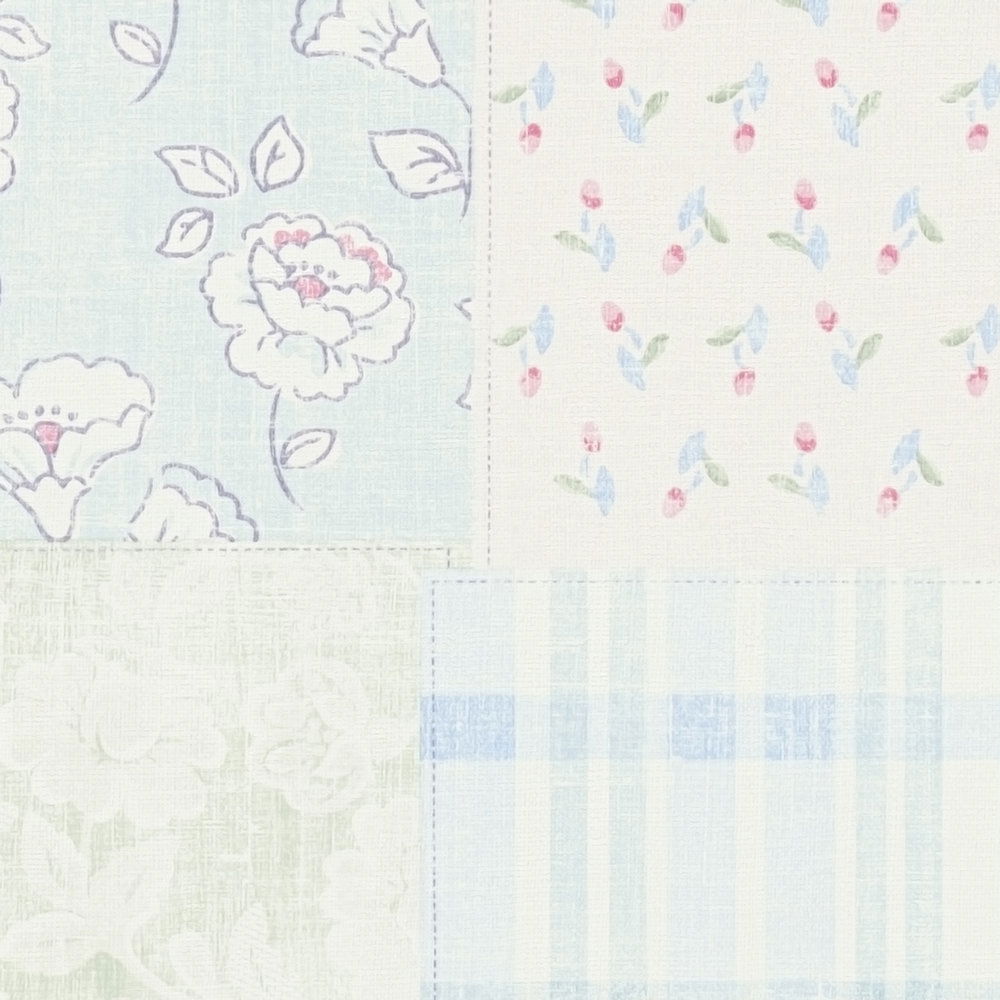             Vliestapete im Landhausstil floral – Blau, Rosa, Weiß
        