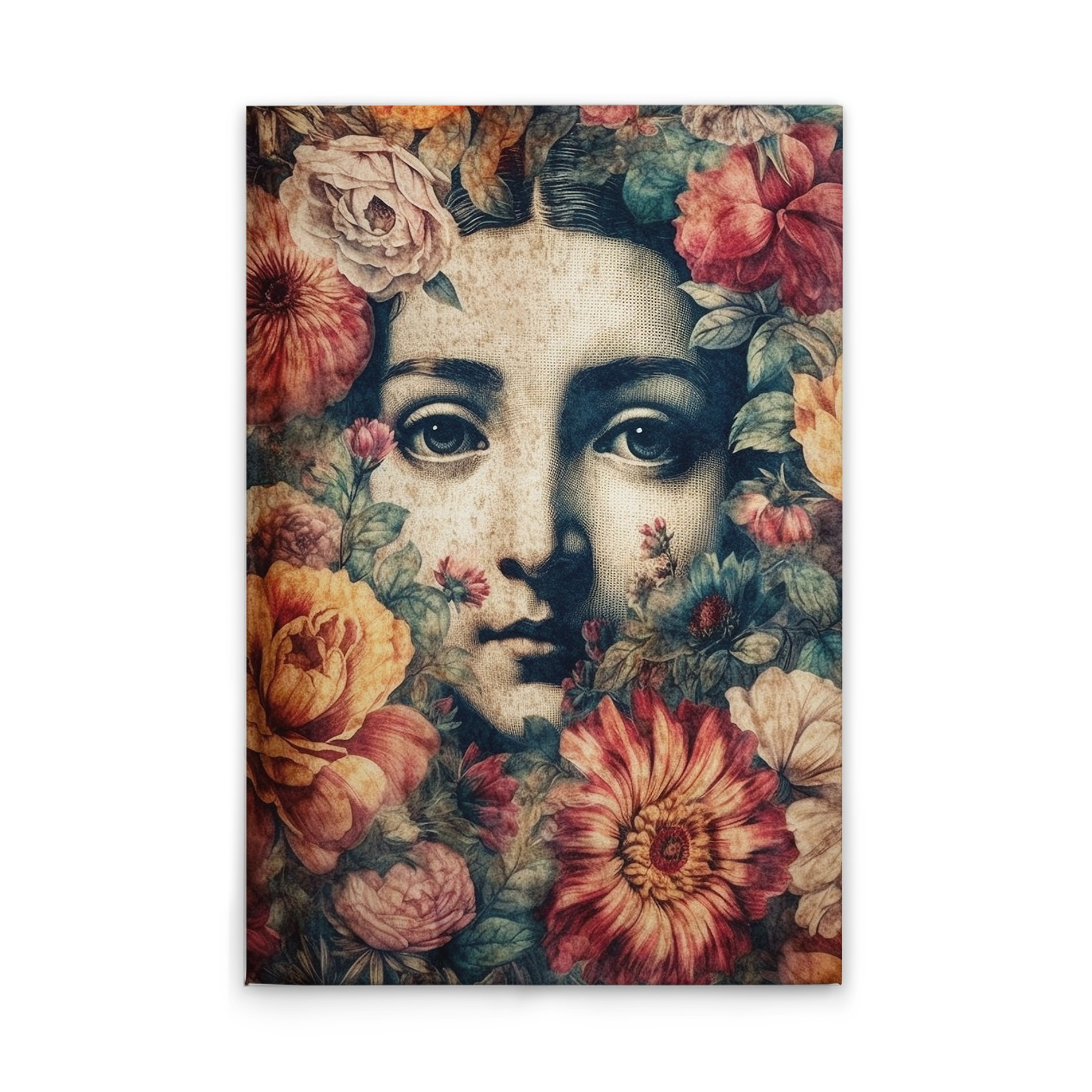             Florales Gesicht im Retro-Design - Kunstvolles Leinwandbild mit Blumen und Gesicht. – 30 x 45 cm - Bunt, Blau
        