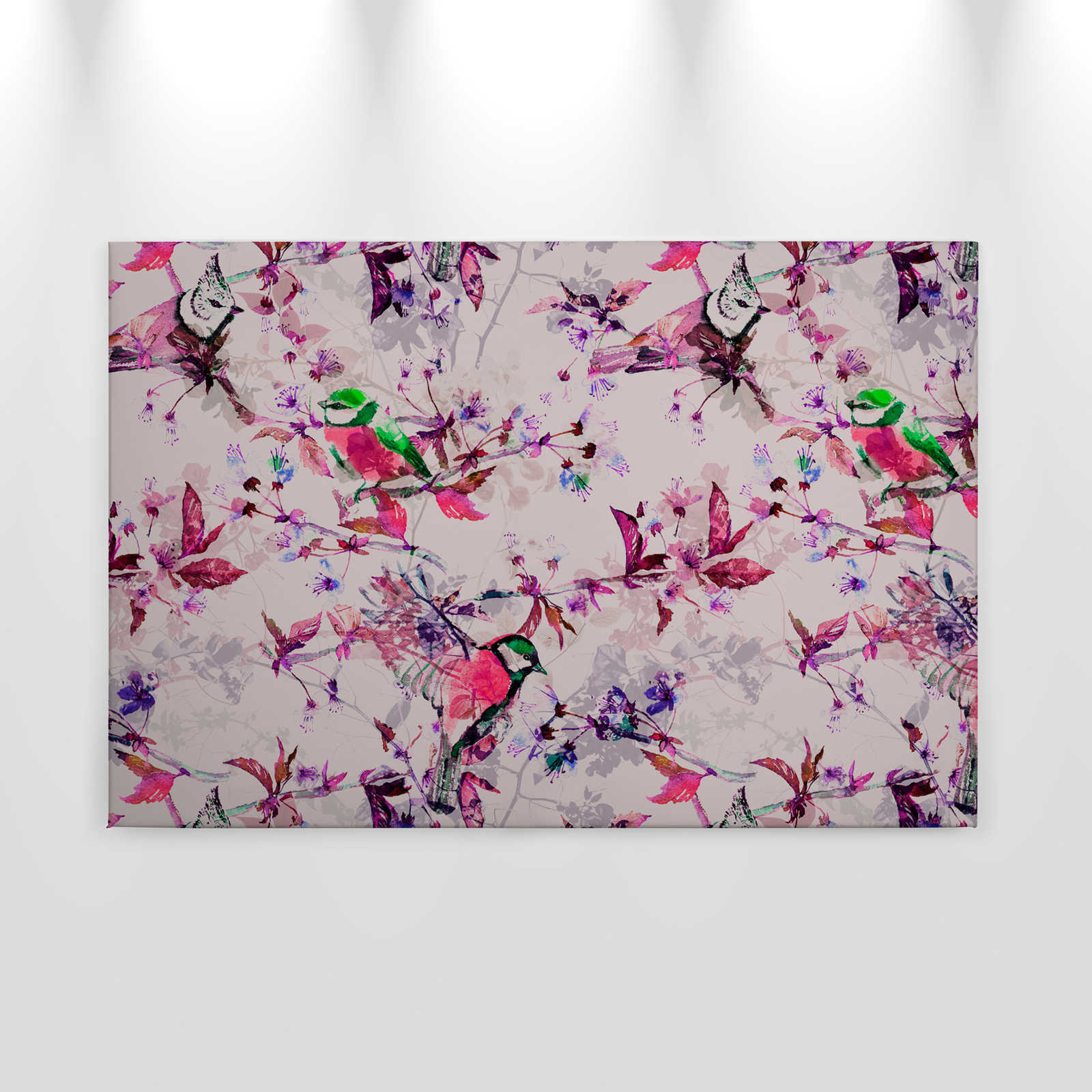 Vögel Leinwandbild im Collage Stil | rosa, blau – 0,90 m x 0,60 m
