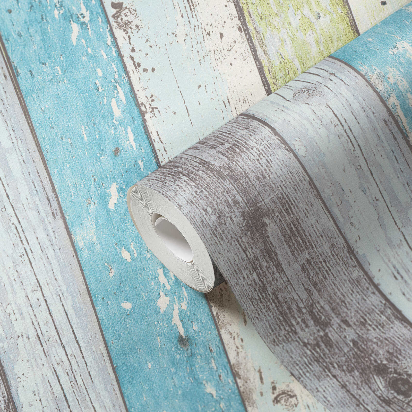             Houten behang met used look voor vintage & landelijke stijl - blauw, groen, wit
        