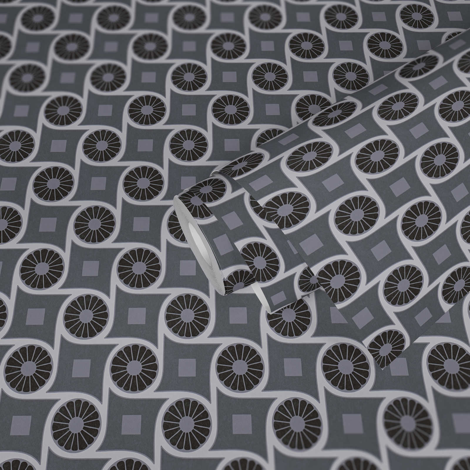             Tapete im Retrostil mit Kreismuster und Quadraten – Grau, Weiß, Schwarz
        