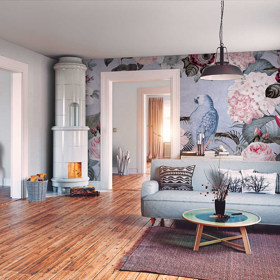 wohnzimmer, holzboden, tresenofen, tapestrie, tapetenwand