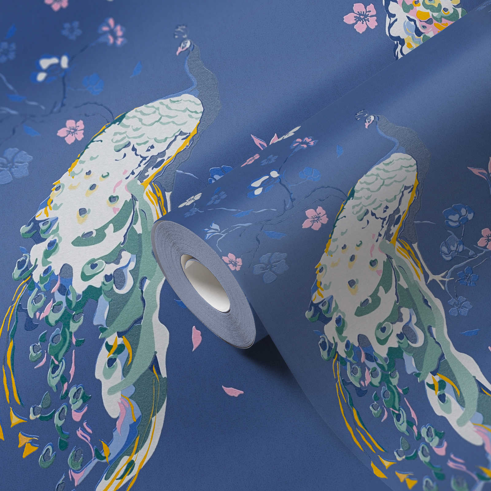            Vliestapete mit Pfau Muster und Glanzeffekt – Blau, Rosa, Bunt
        