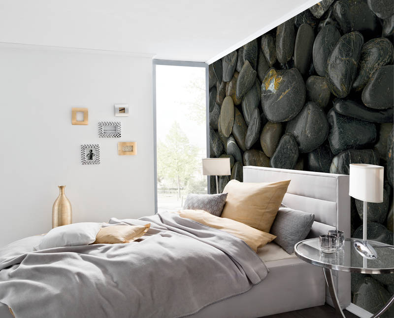             Steinoptik Fototapete – Vliestapete in 3D mit Kiesel und Flusssteinen – Schwarz, Grau
        