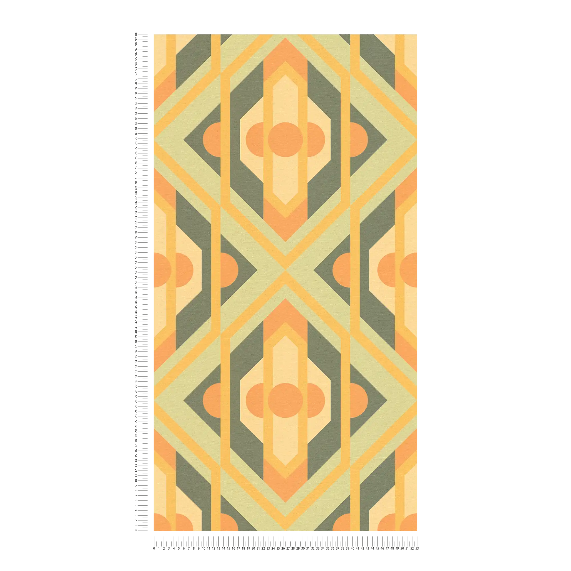             Geometrische Ornamente im Retro Stil auf Vliestapete – Grün, Gelb, Orange
        