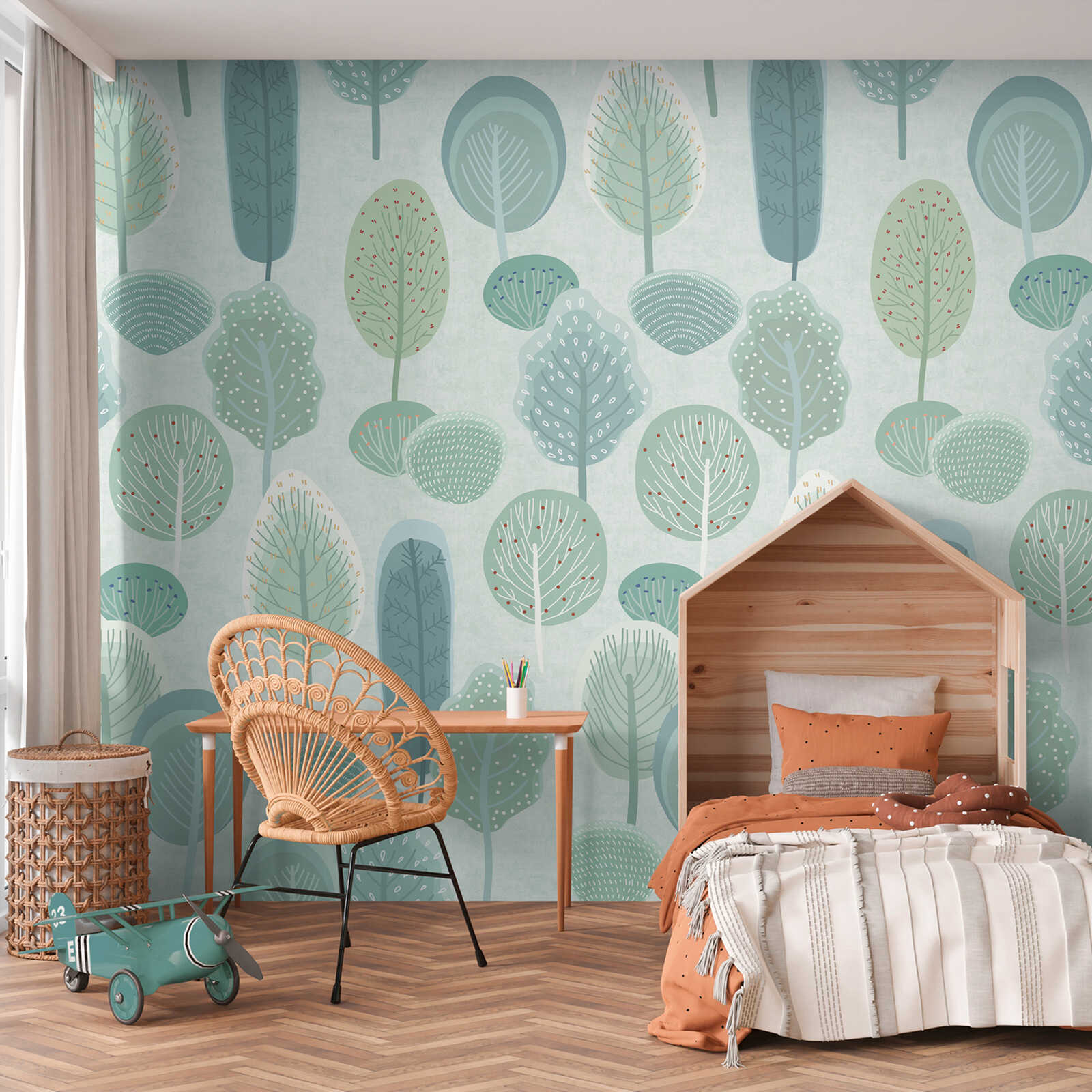         Non-woven wallpaper panel 159cm wide x 280cm high "Forest dream" - Colourful trees for a magical children's room, smooth surface - blue, green
    