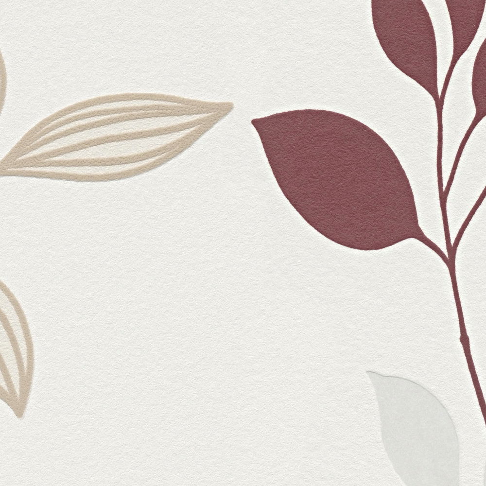             Tapete Blätter Muster strukturiert, farbige Akzente – Rot, Creme
        