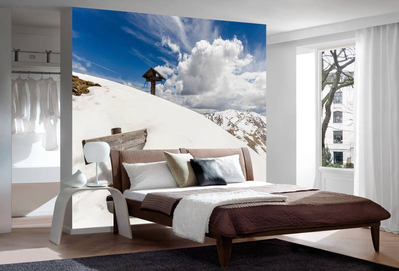Schneebedecktes Landschaftsbild, Bett, Bettkopfzeile, Kissen, Decke