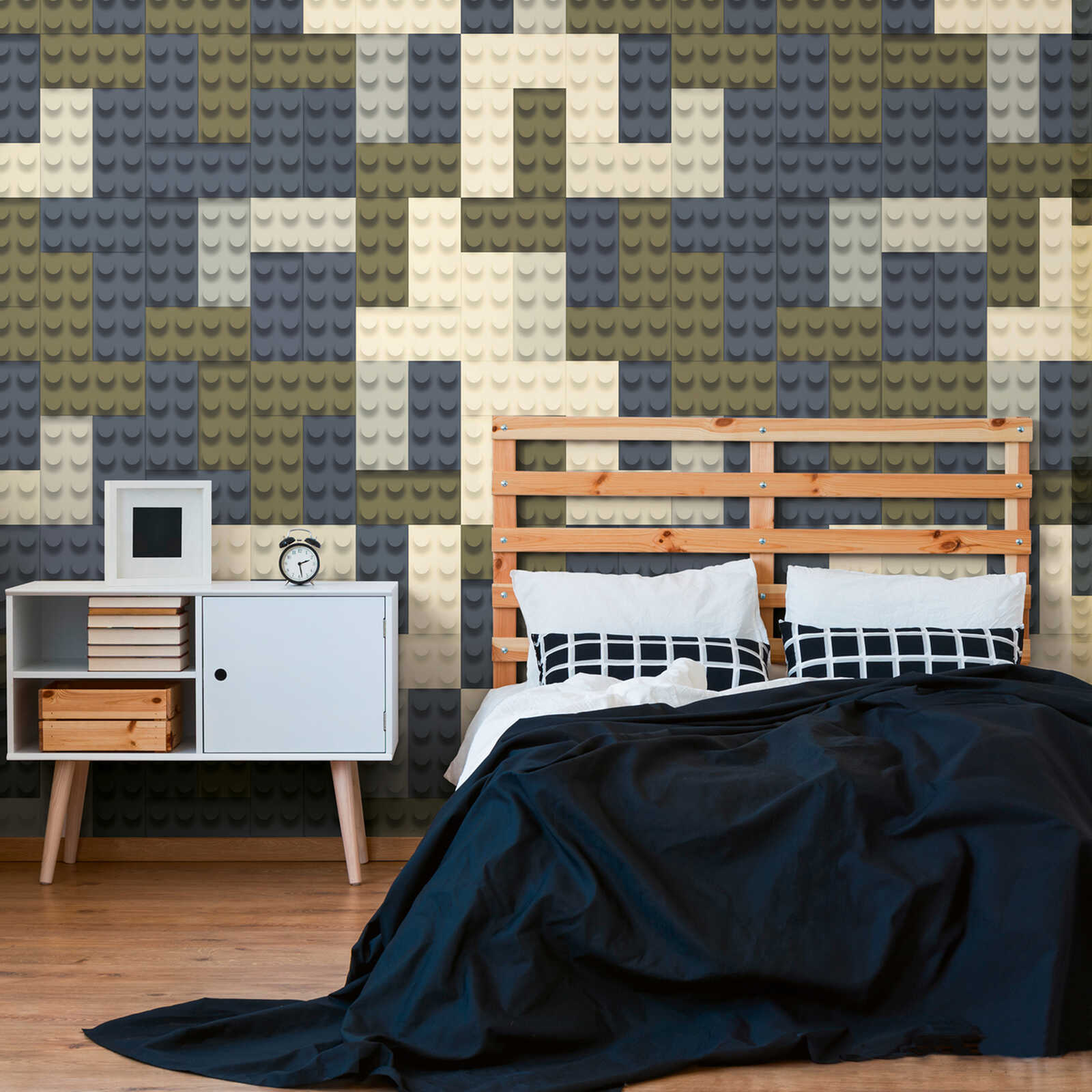         Non-woven wallpaper panel 159cm wide x 280cm high "Building block camouflage" - Creative design for adventurous children's rooms, smooth surface - beige, blue, green
    