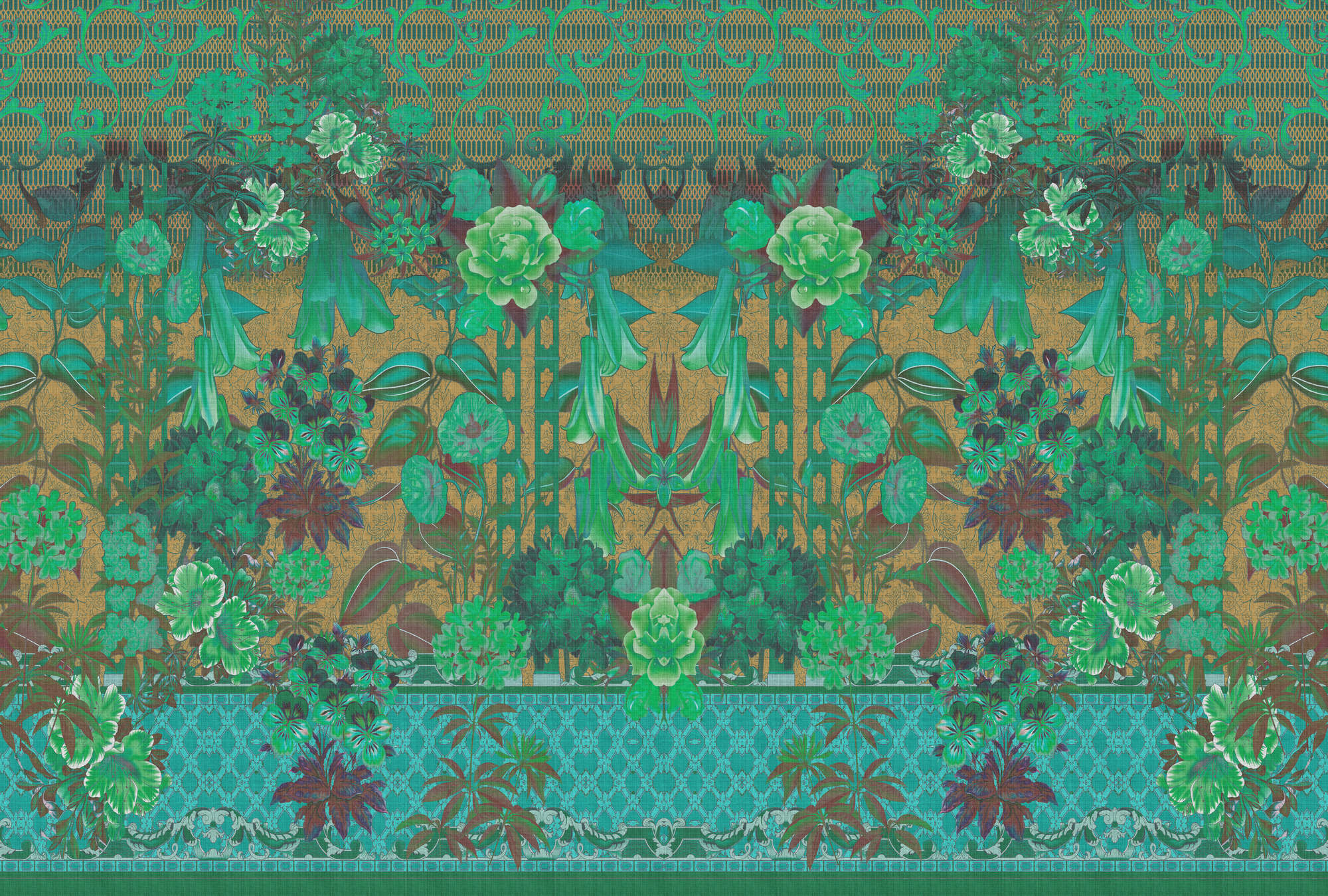             Fototapete »sati 2« - Blütendesign & Ornamente mit Leinenstruktur-Optik – Grün | Glattes, leicht glänzendes Premiumvlies
        