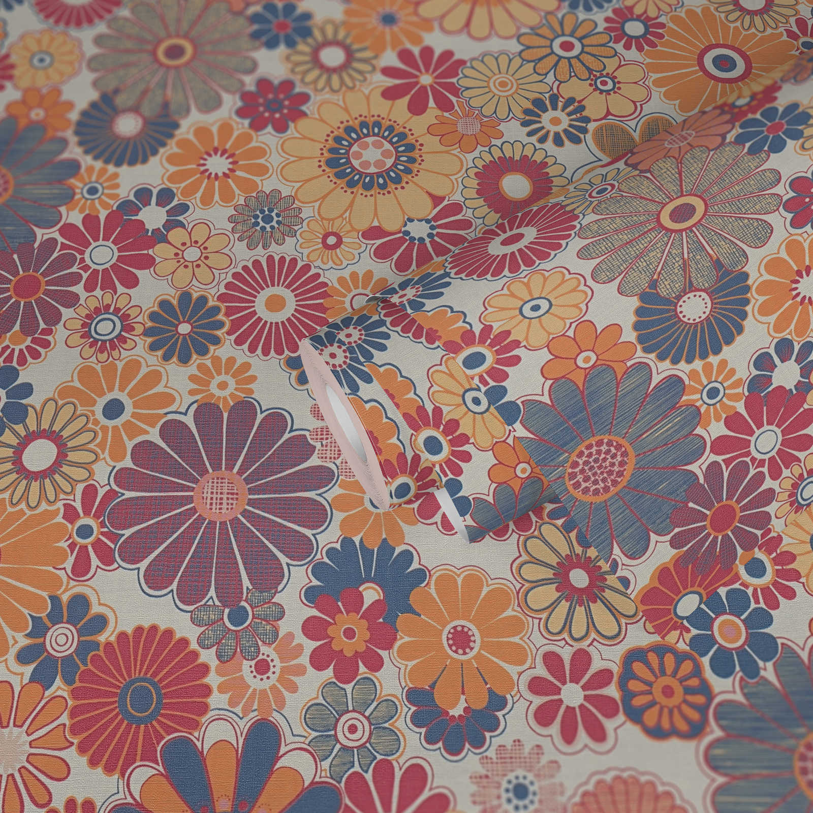 Retro Vliestapete mit floralem Muster – Rot, Blau, Orange