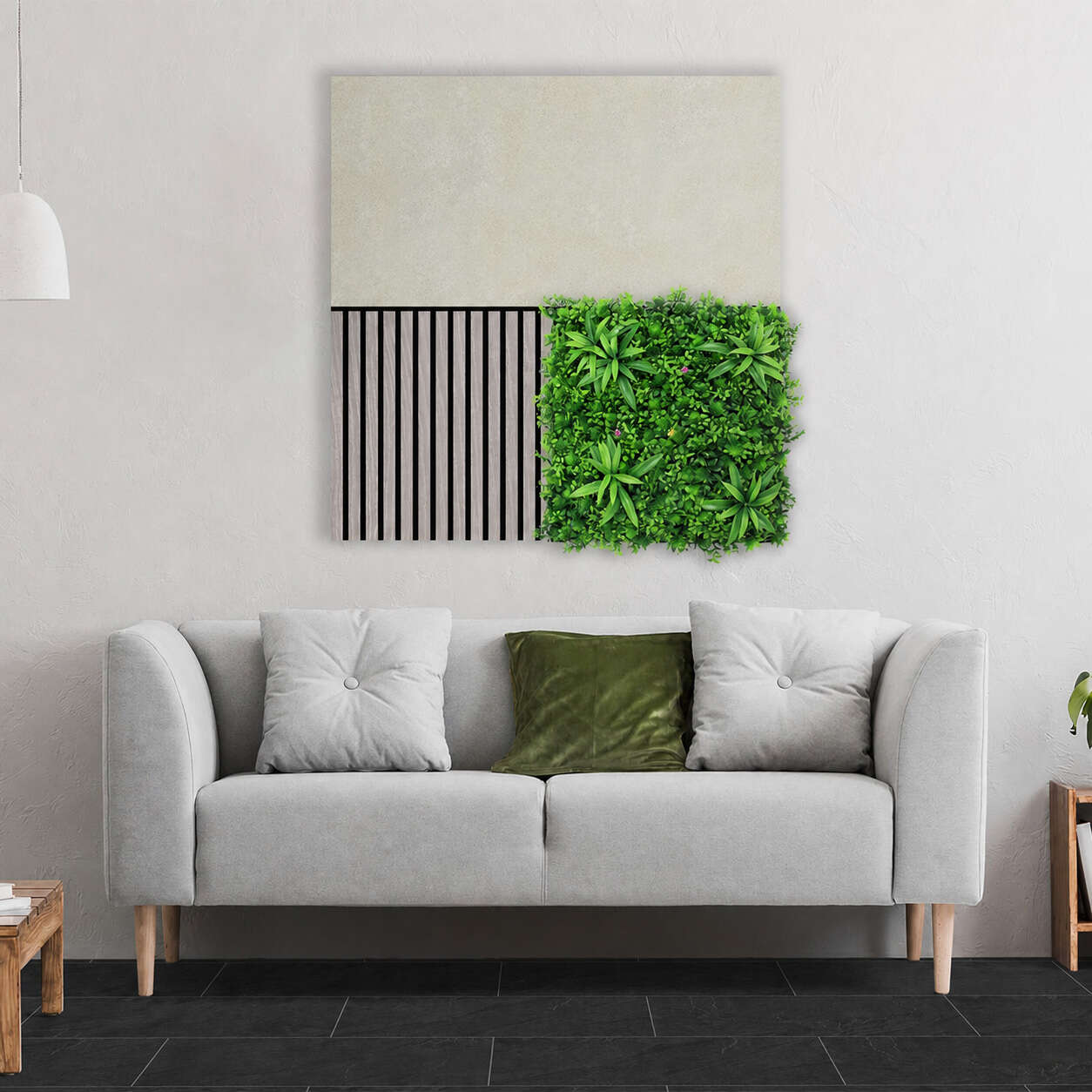 sofa, couch, wohnzimmer, grüne wandkunst, pflanzen panel