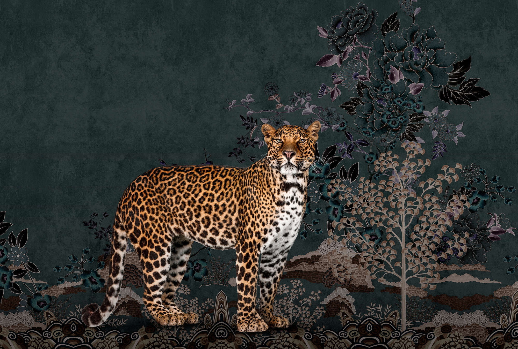            Digital behang »rani« - Abstract jungle-motief met luipaard - Soepele, licht glanzende premium vliesstof
        