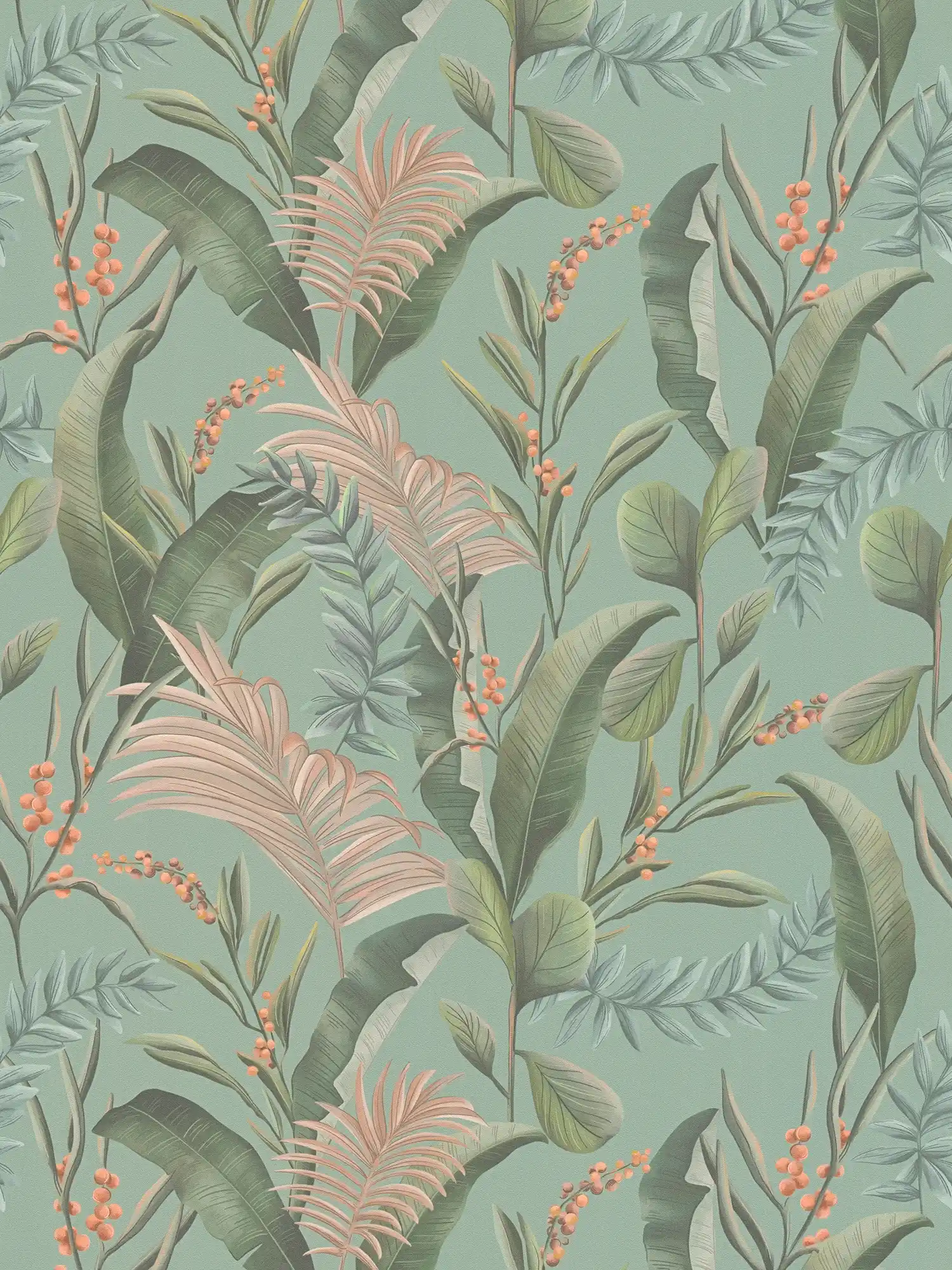             Dschungeltapete im floralen Stil mit Blättern strukturiert matt – Blau, Grün, Beige
        