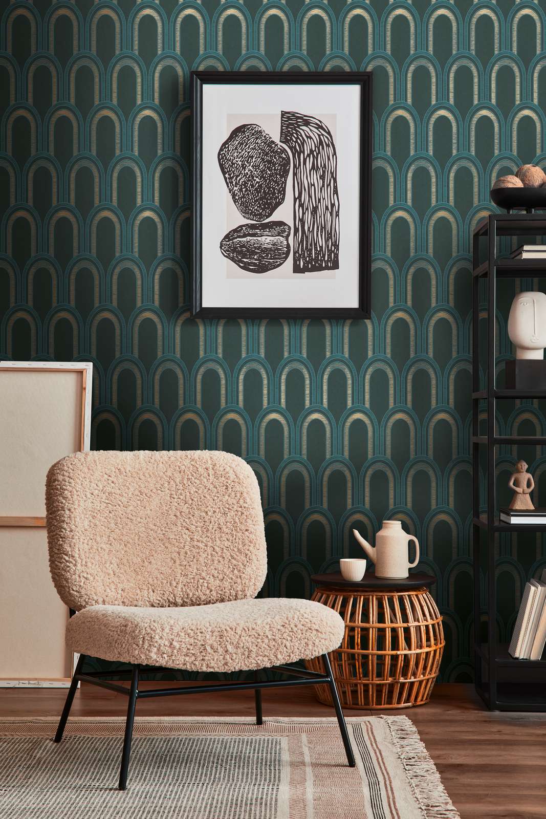 Tapete mit Bogenmuster und Glanzeffekt – Petrol, Blau, Gold