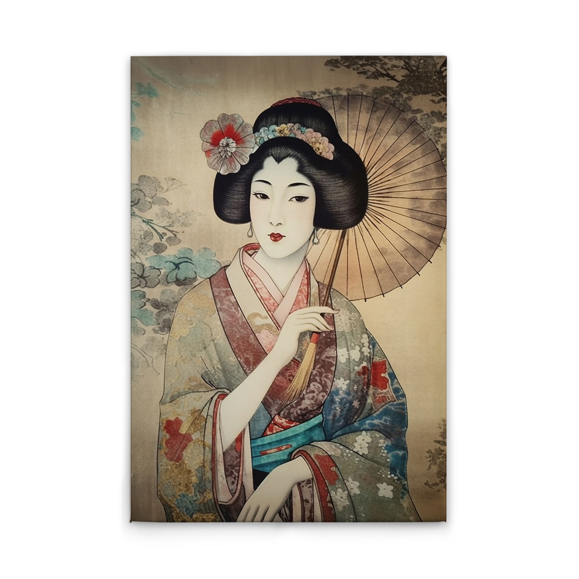             Eleganz der Geisha - Traditionelle Kunst auf Leinwand – 30 x 45 cm - Bunt, Beige
        