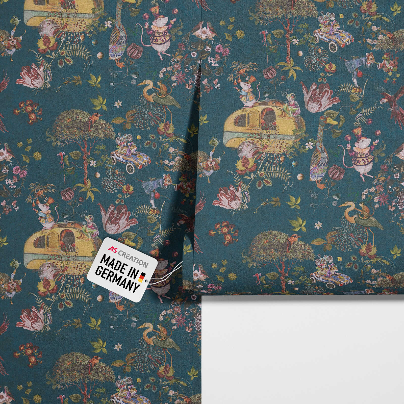 mustertapete, teal hintergrund, blumen tiere, kfz|auto motif, made in germany etikett
