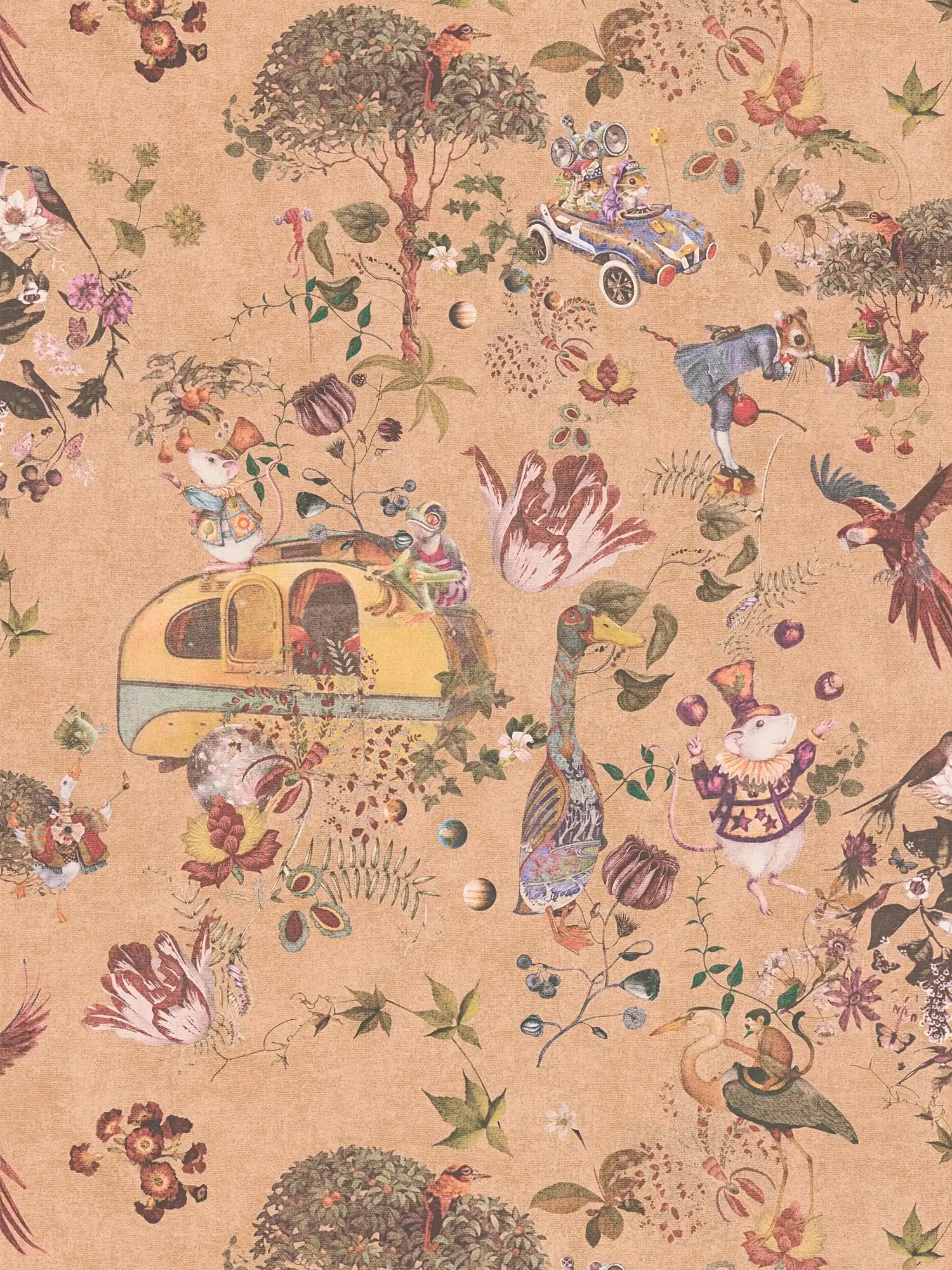         papier peint en papier intissé pour chambre d'enfant avec illustrations fantastiques d'animaux de la forêt - beige, orange
    