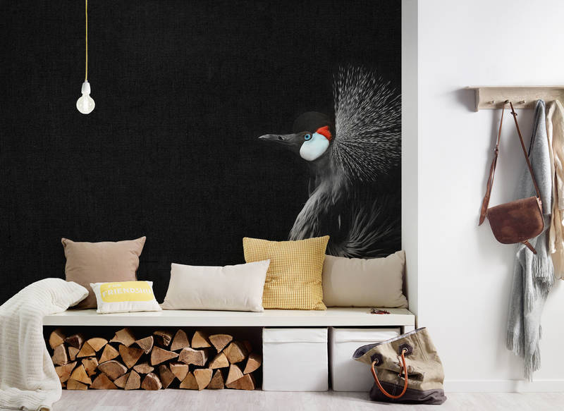 Wandgemälde, Kranich-Wandbild, schwarze Wand, Holzaufbewahrung, Kissen