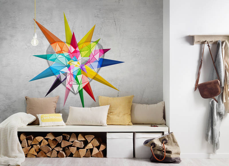             Fototapete Putz mit bunter Grafik im Herz-Design – Bunt, Grau, Blau
        