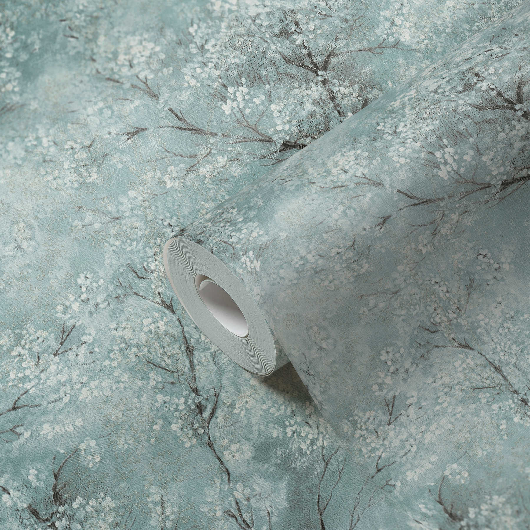             behang kersenbloesem glitter effect - groen, blauw, grijs
        