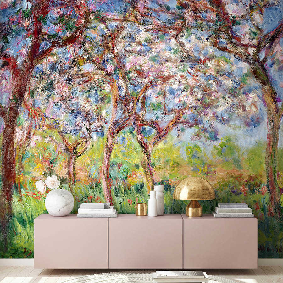 hängende wandkunst, wand tapestry, abstract mural, pastellfarben, kranichstämme