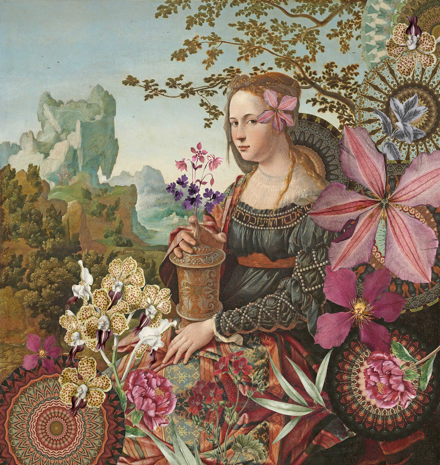             Exklusive Motiv-Tapete mit Frau in Gemälde-Optik – Rosa, Grün
        