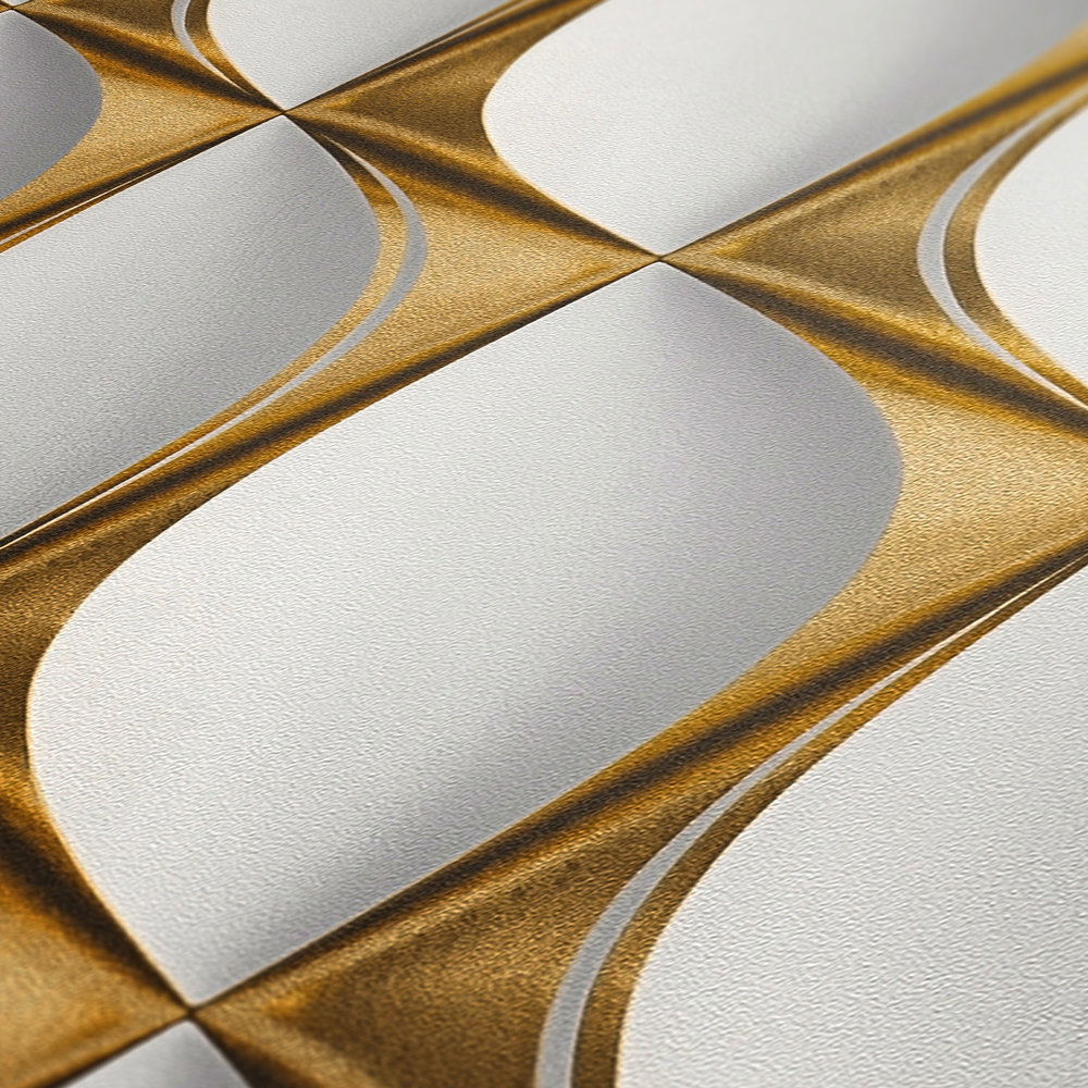             3D Tapete goldenes Retro Muster – Weiß, Grau, Metallic
        