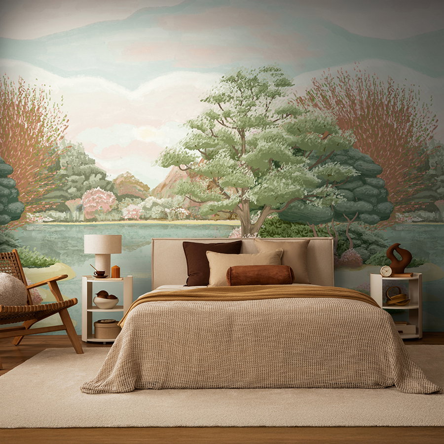 wandtapete, bett, tapestry-wanddekor, bodenbelag, landschaftswandbild