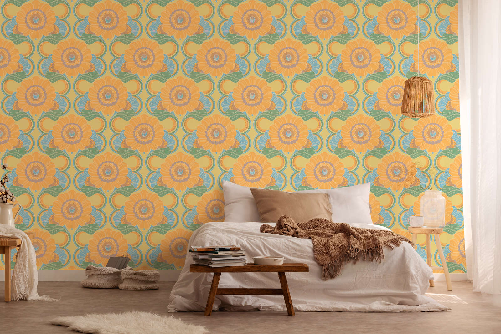             leicht strukturierte Retro Tapete mit floralem Muster – Blau, Gelb, Grün
        
